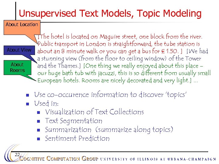 Unsupervised Text Models, Topic Modeling About Location n About View About Rooms n n