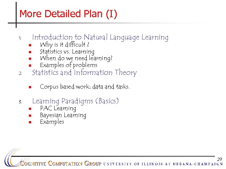 More Detailed Plan (I) Introduction to Natural Language Learning 1. n n 2. n