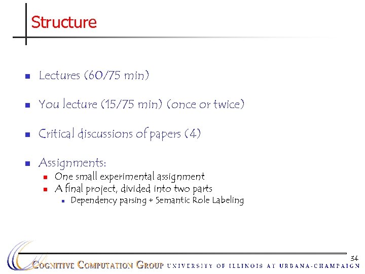 Structure n Lectures (60/75 min) n You lecture (15/75 min) (once or twice) n