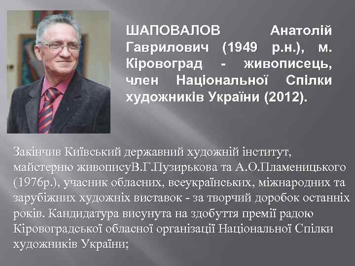 ШАПОВАЛОВ Анатолій Гаврилович (1949 р. н. ), м. Кіровоград - живописець, член Національної Спілки