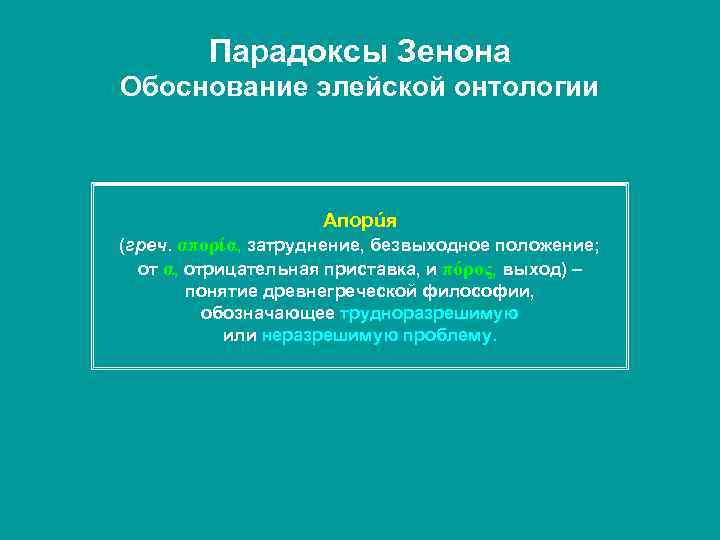Парадоксы Зенона Обоснование элейской онтологии Апорúя (греч. απορία, затруднение, безвыходное положение; от α, отрицательная