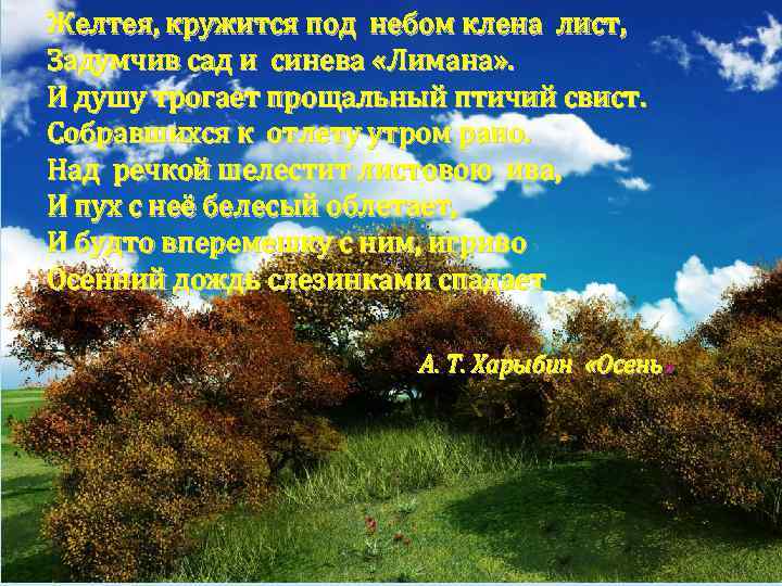 Желтея, кружится под небом клена лист, Задумчив сад и синева «Лимана» . И душу