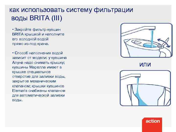 как использовать систему фильтрации воды BRITA (III) • Закройте фильтр-кувшин BRITA крышкой и наполните