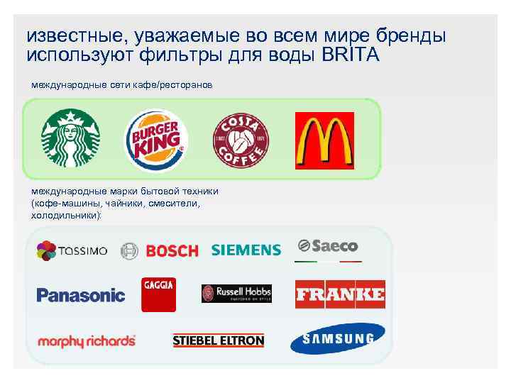 известные, уважаемые во всем мире бренды используют фильтры для воды BRITA международные сети кафе/ресторанов