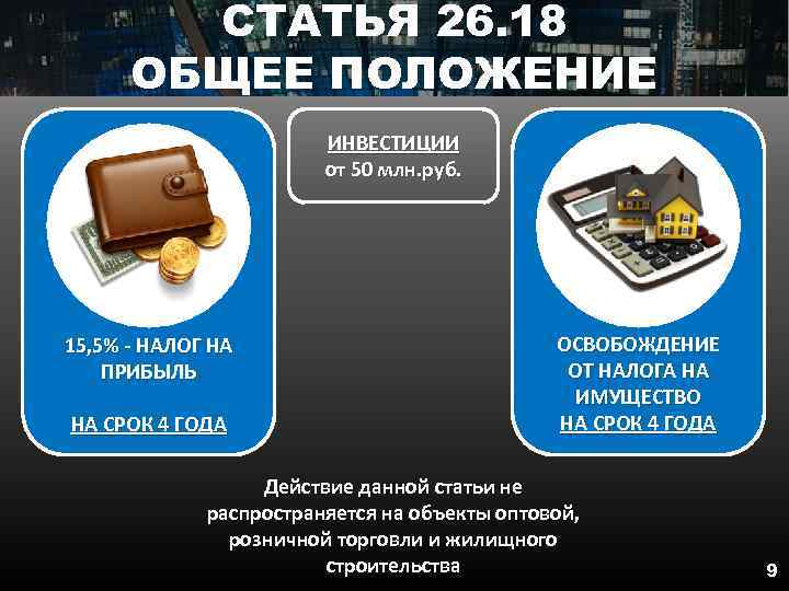 СТАТЬЯ 26. 18 ОБЩЕЕ ПОЛОЖЕНИЕ ИНВЕСТИЦИИ от 50 млн. руб. 15, 5% - НАЛОГ