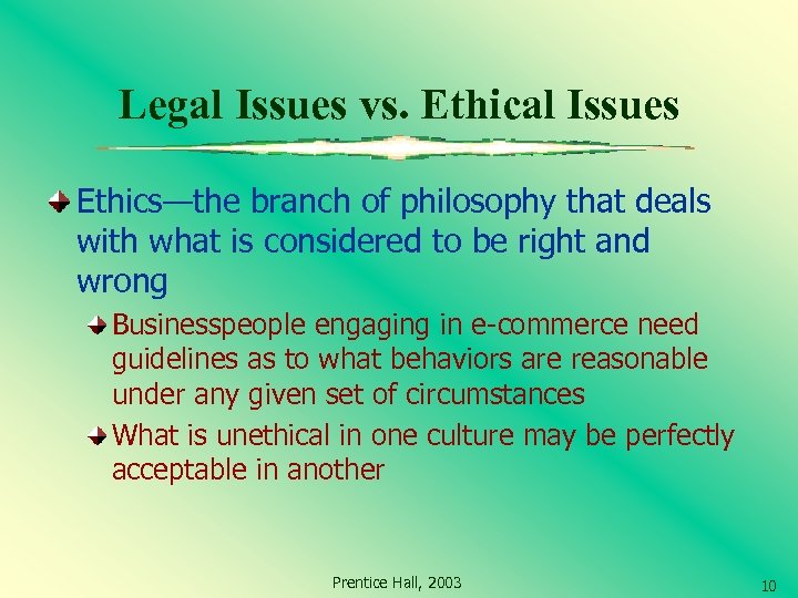 Legal Issues vs. Ethical Issues Ethics—the branch of philosophy that deals with what is