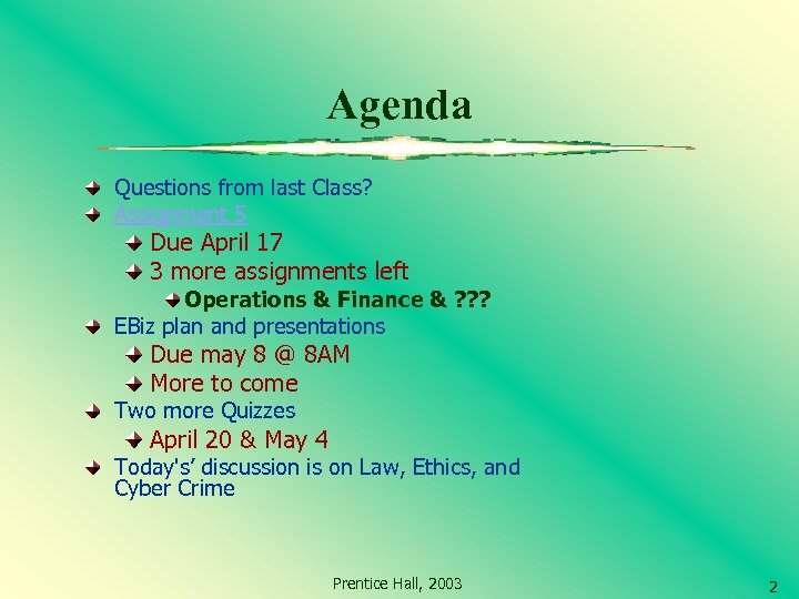 Agenda Questions from last Class? Assignment 5 Due April 17 3 more assignments left