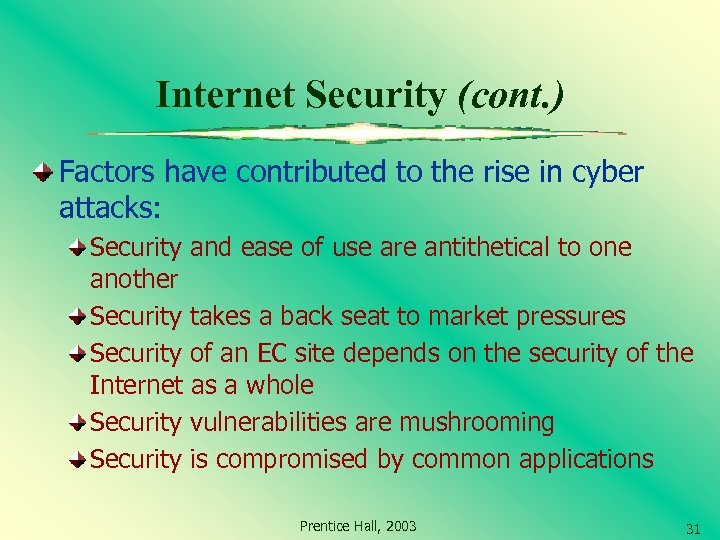 Internet Security (cont. ) Factors have contributed to the rise in cyber attacks: Security