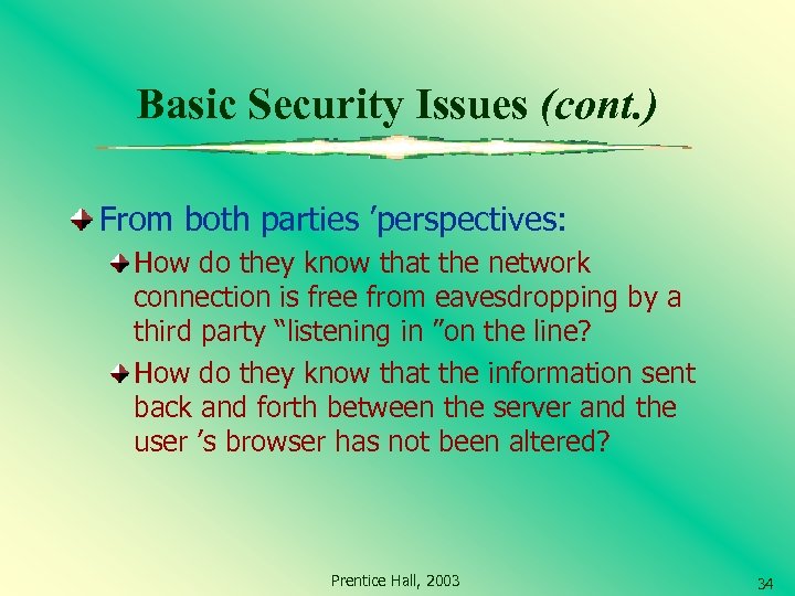 Basic Security Issues (cont. ) From both parties ’perspectives: How do they know that