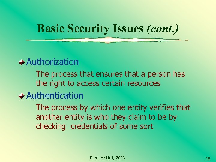 Basic Security Issues (cont. ) Authorization The process that ensures that a person has
