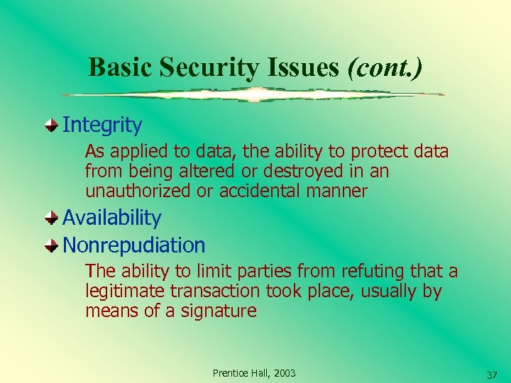 Basic Security Issues (cont. ) Integrity As applied to data, the ability to protect