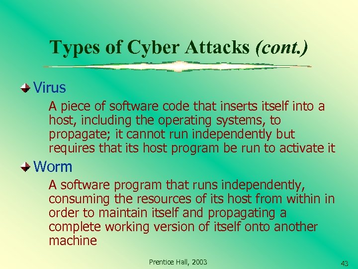 Types of Cyber Attacks (cont. ) Virus A piece of software code that inserts