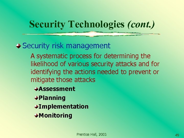 Security Technologies (cont. ) Security risk management A systematic process for determining the likelihood