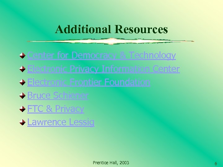 Additional Resources Center for Democracy & Technology Electronic Privacy Information Center Electronic Frontier Foundation