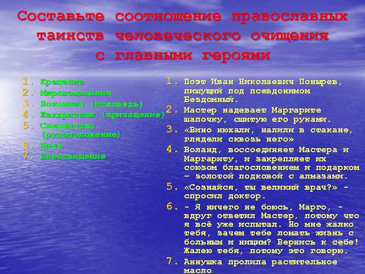 Составьте таинств с 1. 2. 3. 4. 5. 6. 7. соотношение православных человеческого очищения