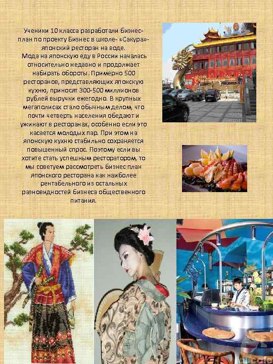 Ученики 10 класса разработали бизнесплан по проекту Бизнес в школе- «Сакура» японский ресторан на