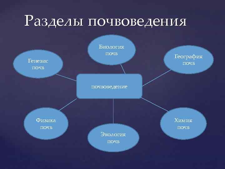 Разделы почвоведения Генезис почв Биология почв География почвоведение Физика почв Экология почв Химия почв