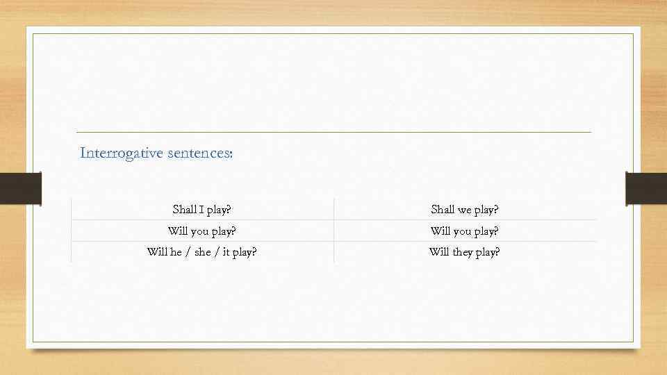 Interrogative sentences: Shall I play? Shall we play? Will you play? Will he /