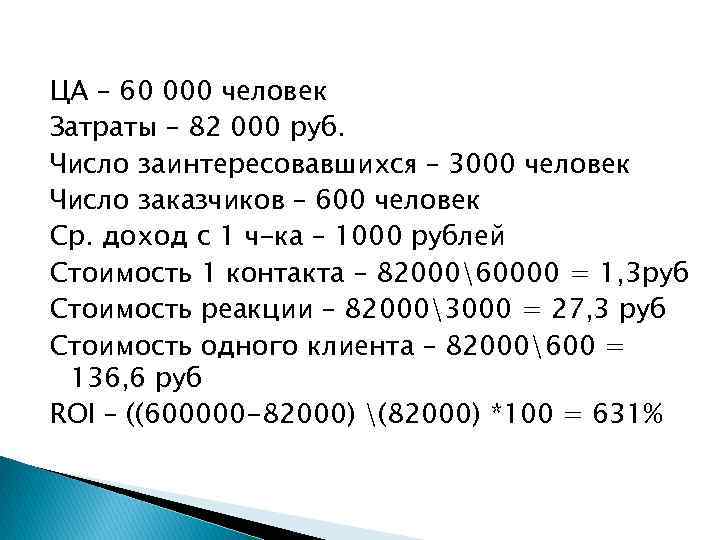 ЦА – 60 000 человек Затраты – 82 000 руб. Число заинтересовавшихся – 3000