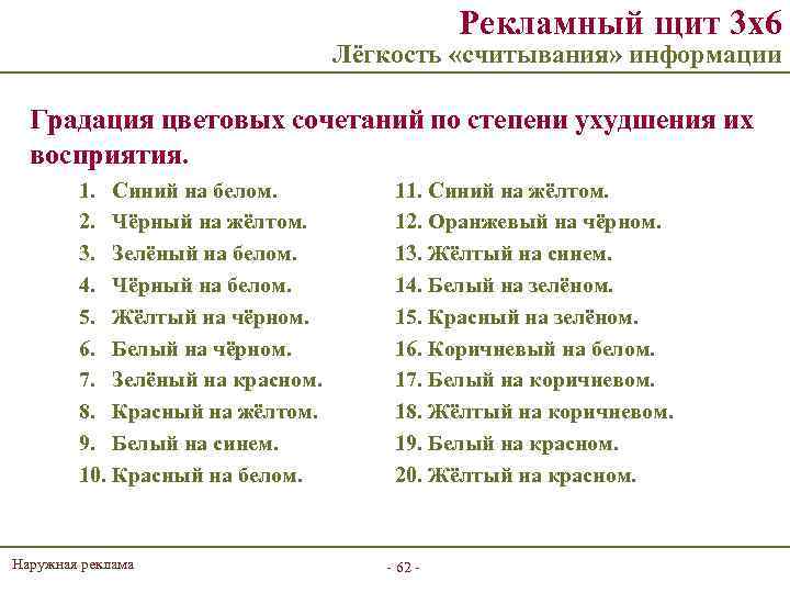 Рекламный щит 3 х6 Лёгкость «считывания» информации Градация цветовых сочетаний по степени ухудшения их