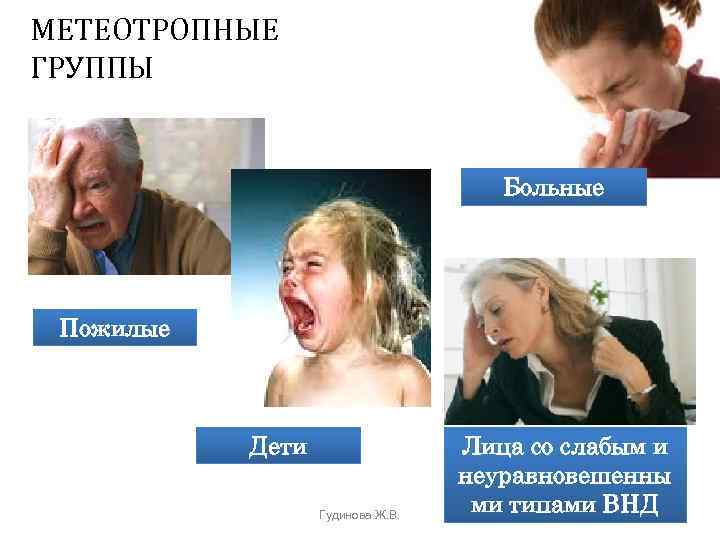 МЕТЕОТРОПНЫЕ ГРУППЫ Больные Пожилые Дети Гудинова Ж. В. Лица со слабым и неуравновешенны ми