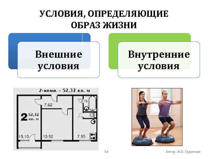 УСЛОВИЯ, ОПРЕДЕЛЯЮЩИЕ ОБРАЗ ЖИЗНИ Внешние условия Внутренние условия 54 Автор: Ж. В. Гудинова 