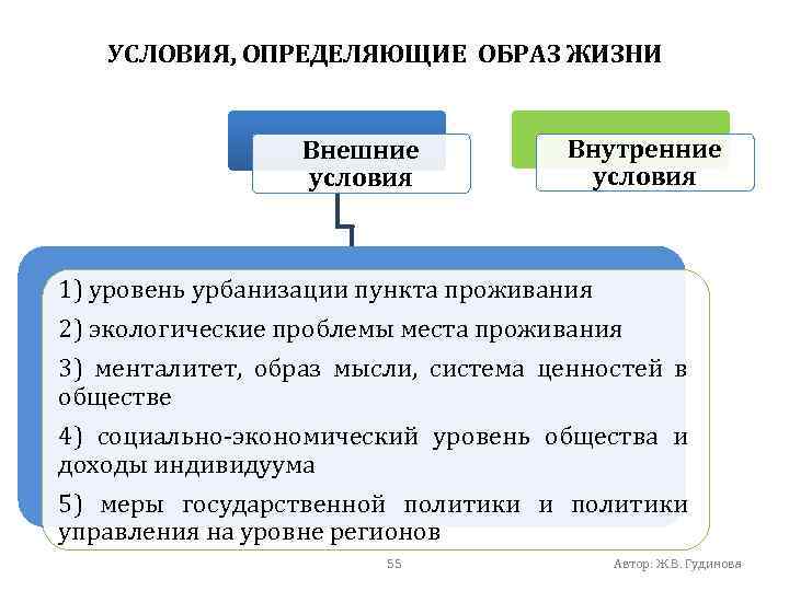 УСЛОВИЯ, ОПРЕДЕЛЯЮЩИЕ ОБРАЗ ЖИЗНИ Внешние условия Внутренние условия 1) уровень урбанизации пункта проживания 2)