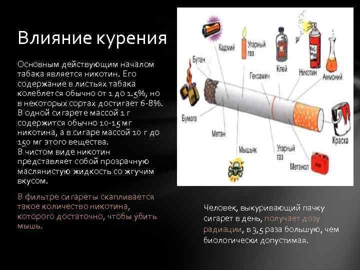 Влияние курения Основным действующим началом табака является никотин. Его содержание в листьях табака колеблется