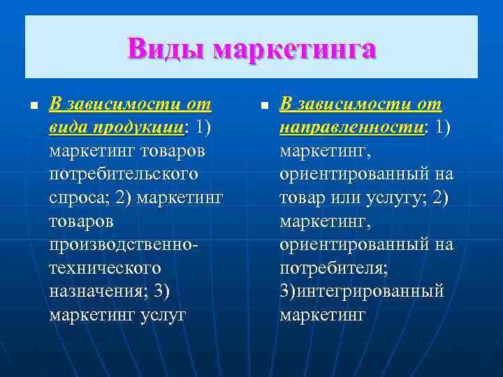 Виды маркетинга n В зависимости от вида продукции: 1) маркетинг товаров потребительского спроса; 2)