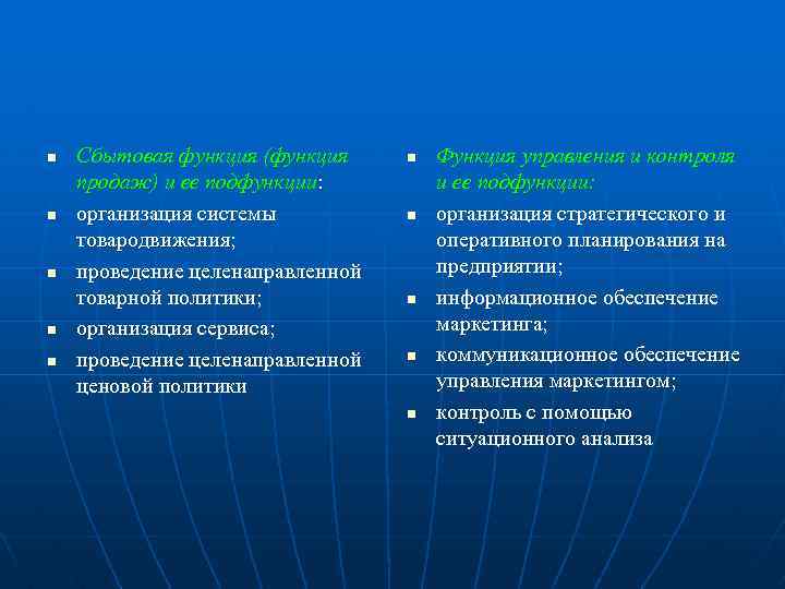 n n n Сбытовая функция (функция продаж) и ее подфункции: организация системы товародвижения; проведение