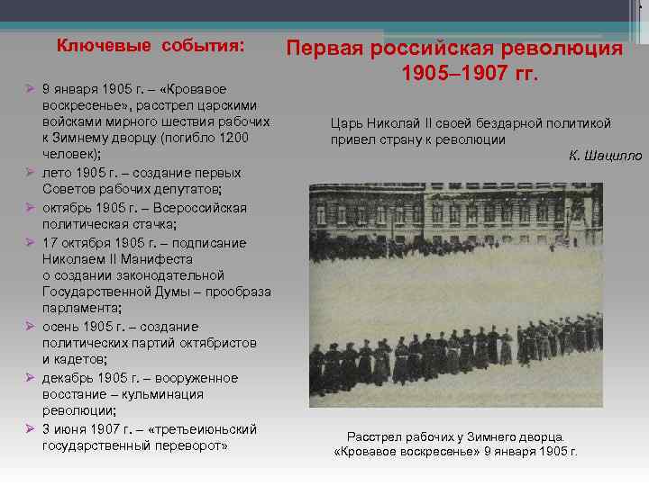 “ Ключевые события: Ø 9 января 1905 г. – «Кровавое воскресенье» , расстрел царскими