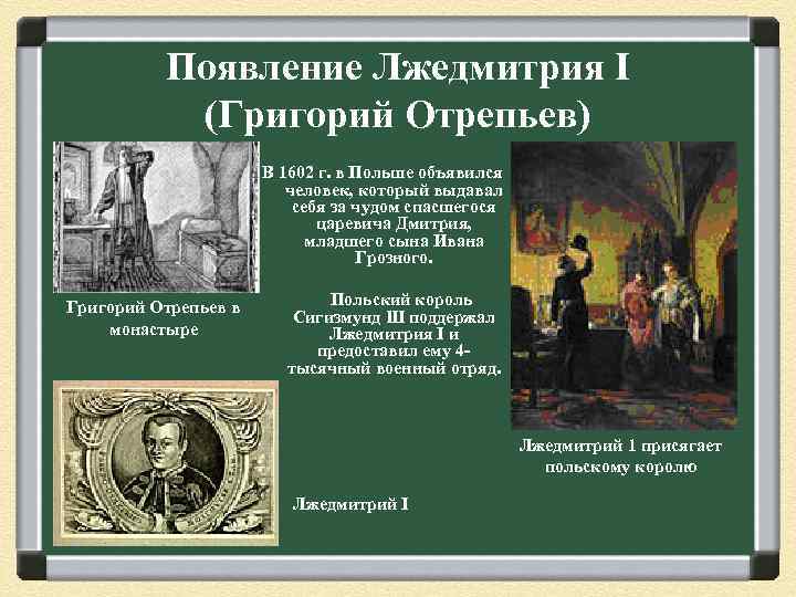 Появление Лжедмитрия I (Григорий Отрепьев) В 1602 г. в Польше объявился человек, который выдавал