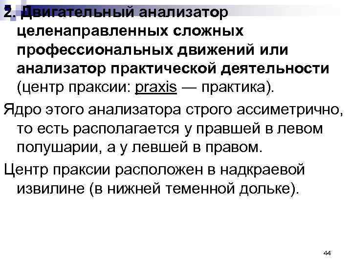 2. Двигательный анализатор целенаправленных сложных профессиональных движений или анализатор практической деятельности (центр праксии: praxis