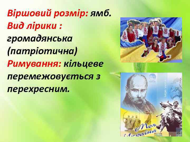 Віршовий розмір: ямб. Вид лірики : громадянська (патріотична) Римування: кільцеве перемежовується з перехресним. 