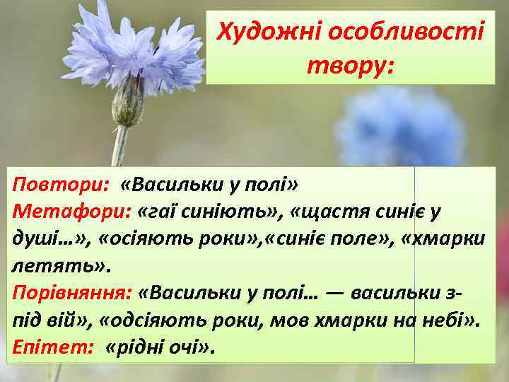 Художні особливості твору: Повтори: «Васильки у полі» Метафори: «гаї синіють» , «щастя синіє у
