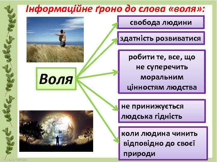 Інформаційне ґроно до слова «воля» : свобода людини здатність розвиватися Воля робити те, все,