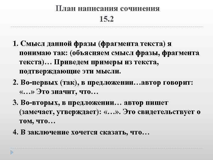  План написания сочинения 15. 2 1. Смысл данной фразы (фрагмента текста) я понимаю