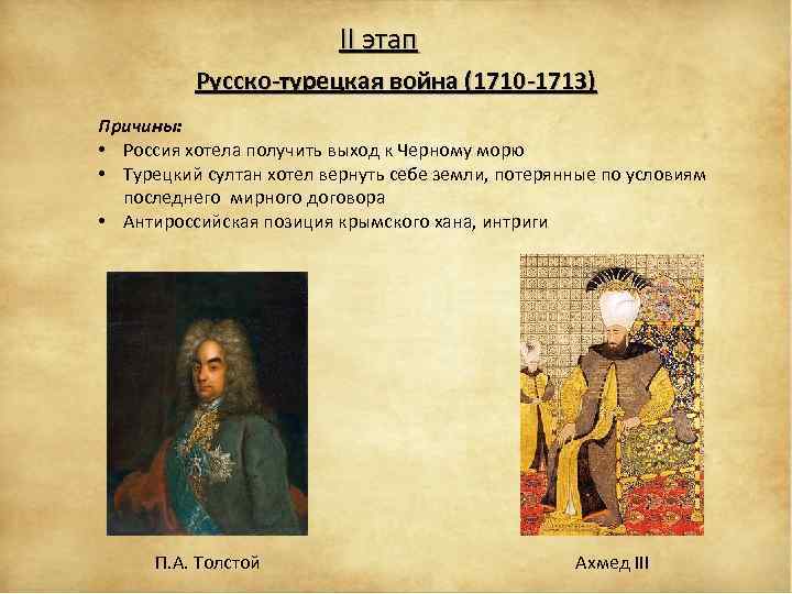 II этап Русско-турецкая война (1710 -1713) Причины: • Россия хотела получить выход к Черному