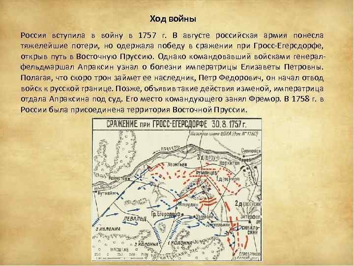 Ход войны Россия вступила в войну в 1757 г. В августе российская армия понесла