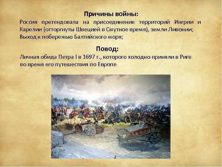 Причины войны: Россия претендовала на присоединение территорий Ингрии и Карелии (отторгнуты Швецией в Смутное