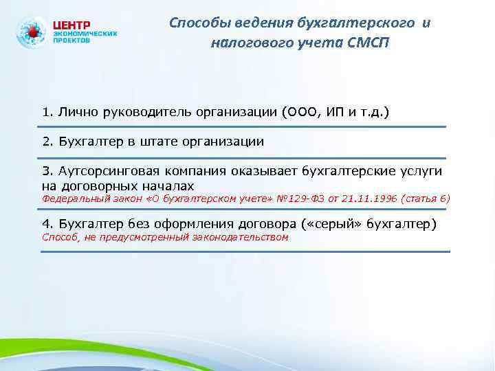 Способы ведения бухгалтерского и налогового учета СМСП 1. Лично руководитель организации (ООО, ИП и