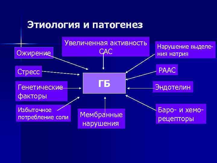 Этиология и патогенез Ожирение Увеличенная активность САС РААС Стресс Генетические факторы Избыточное потребление соли