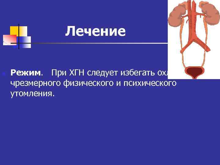 Лечение n Режим. При ХГН следует избегать охлаждения, чрезмерного физического и психического утомления. 