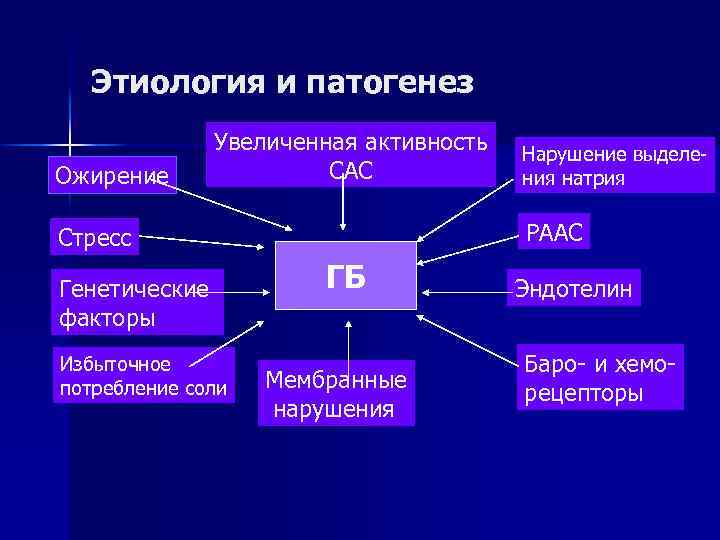 Этиология и патогенез Ожирение Увеличенная активность САС РААС Стресс Генетические факторы Избыточное потребление соли