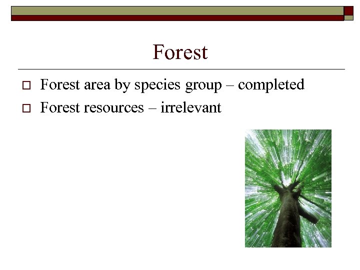 Forest o o Forest area by species group – completed Forest resources – irrelevant
