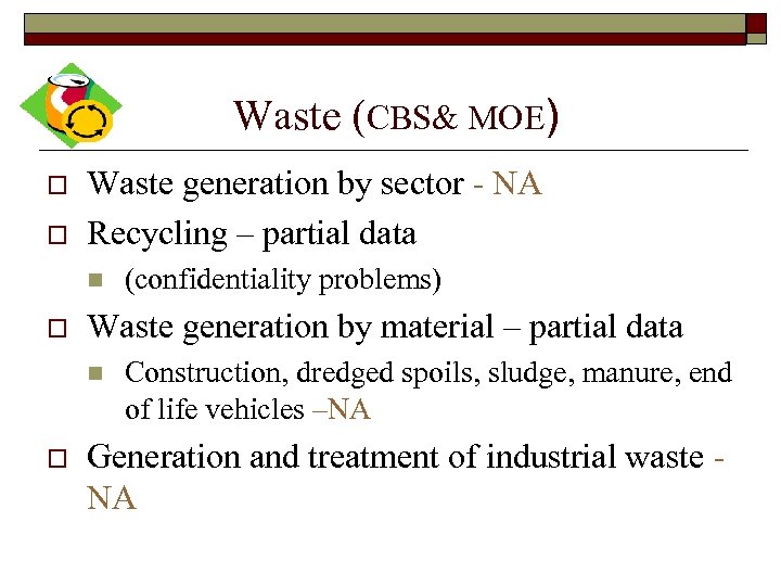 Waste (CBS& MOE) o o Waste generation by sector - NA Recycling – partial