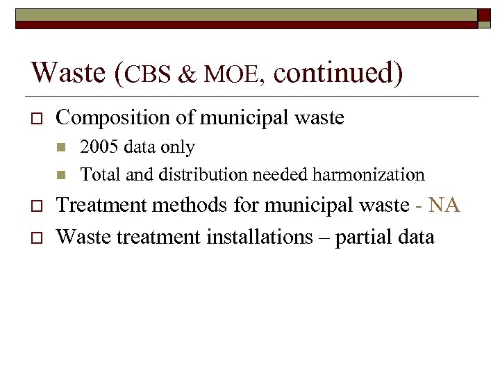 Waste (CBS & MOE, continued) o Composition of municipal waste n n o o