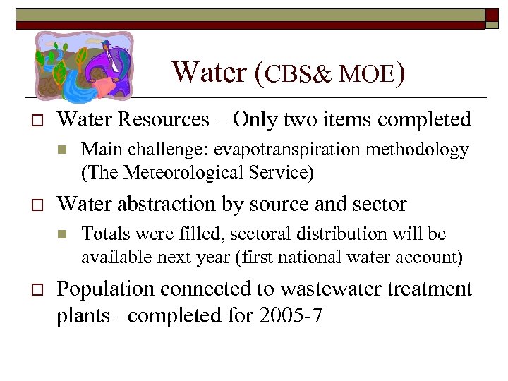 Water (CBS& MOE) o Water Resources – Only two items completed n o Water