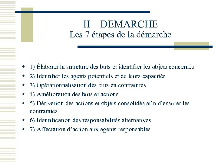 II – DEMARCHE Les 7 étapes de la démarche w w w 1) Élaborer