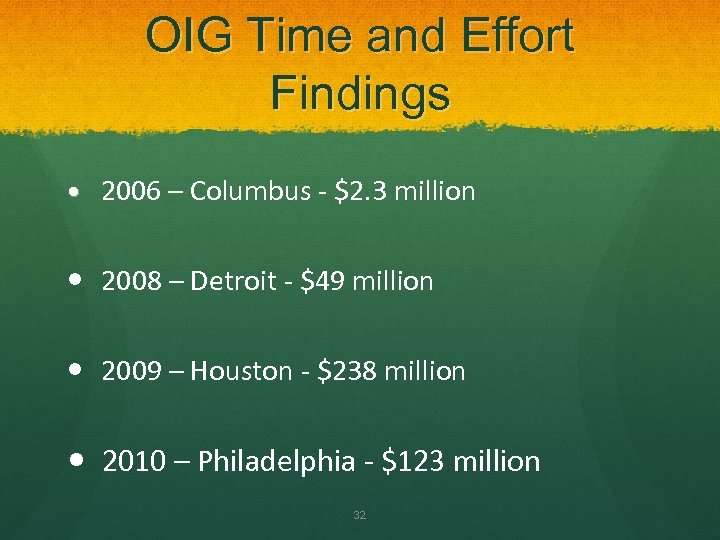 OIG Time and Effort Findings 2006 – Columbus - $2. 3 million 2008 –